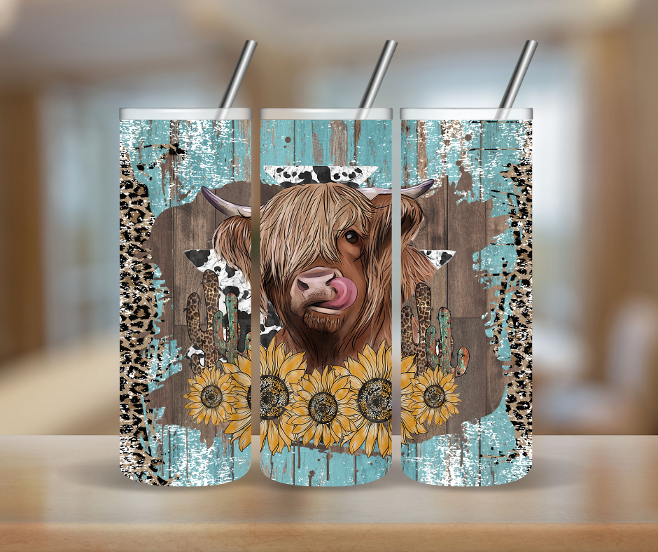 Highland Cow Teal Wood Tumbler